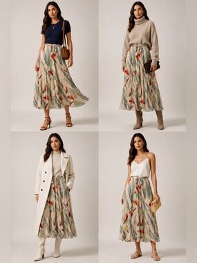 Joie Abstract Pleated Midi Skirt Tie Waist Lined Watercolor Print Size S